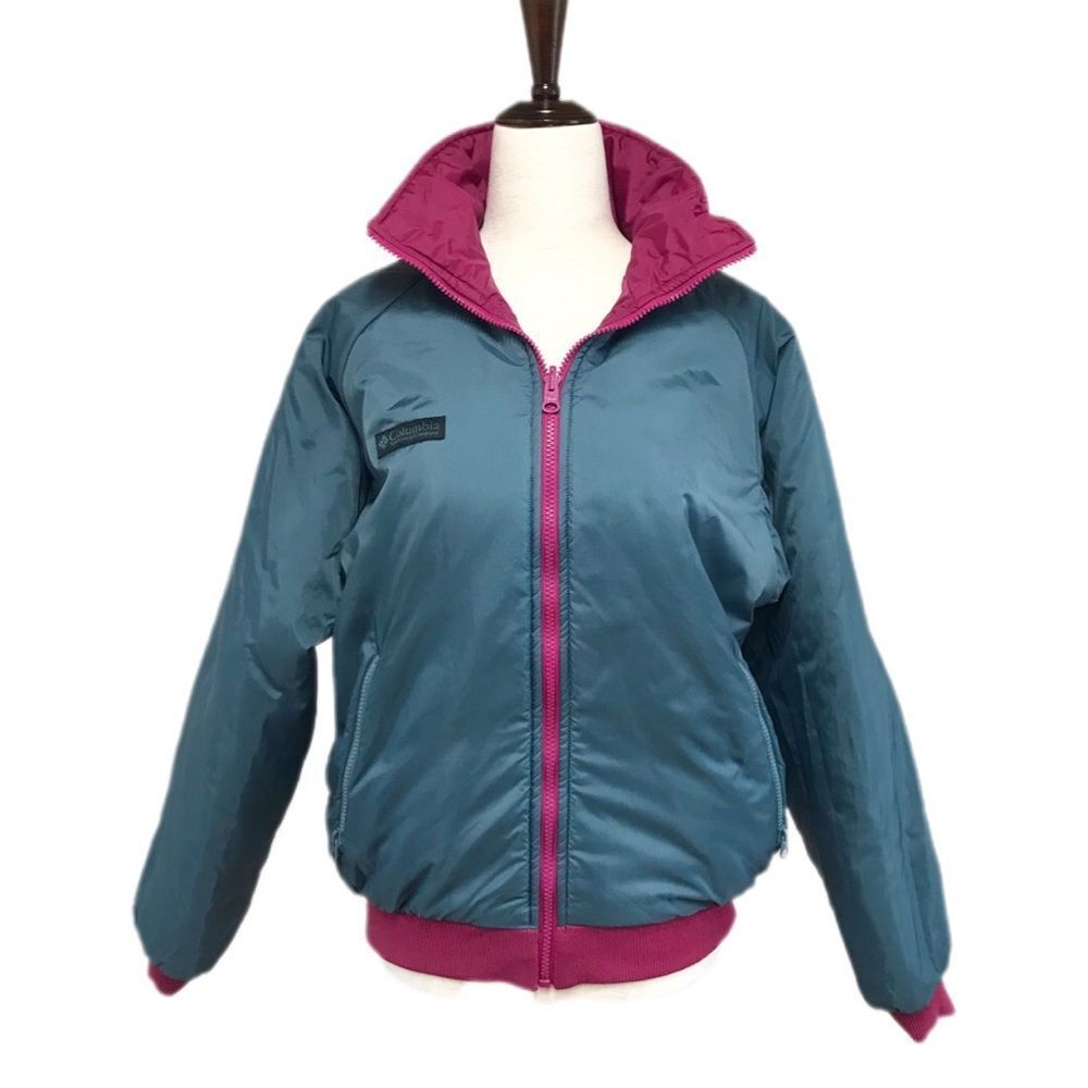 COLUMBIA Vintage Reversible Womens Puffer Jacket Zip Front Ski Pink‎ Teal Small